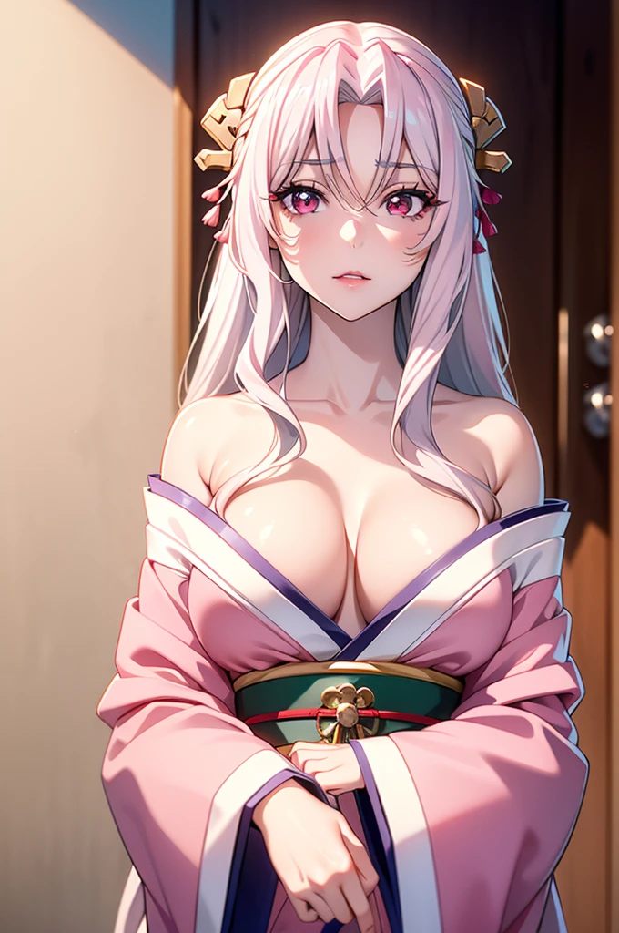 ((surreal photo, 8K uhd, professional photos, Full details from clothes to face, eyes full of life, pink eye color, masterpiece, goddess of beauty)).Tomoe is an extremely beautiful young woman with white hair,bouncy hair,red eyes,medium chest,kimono