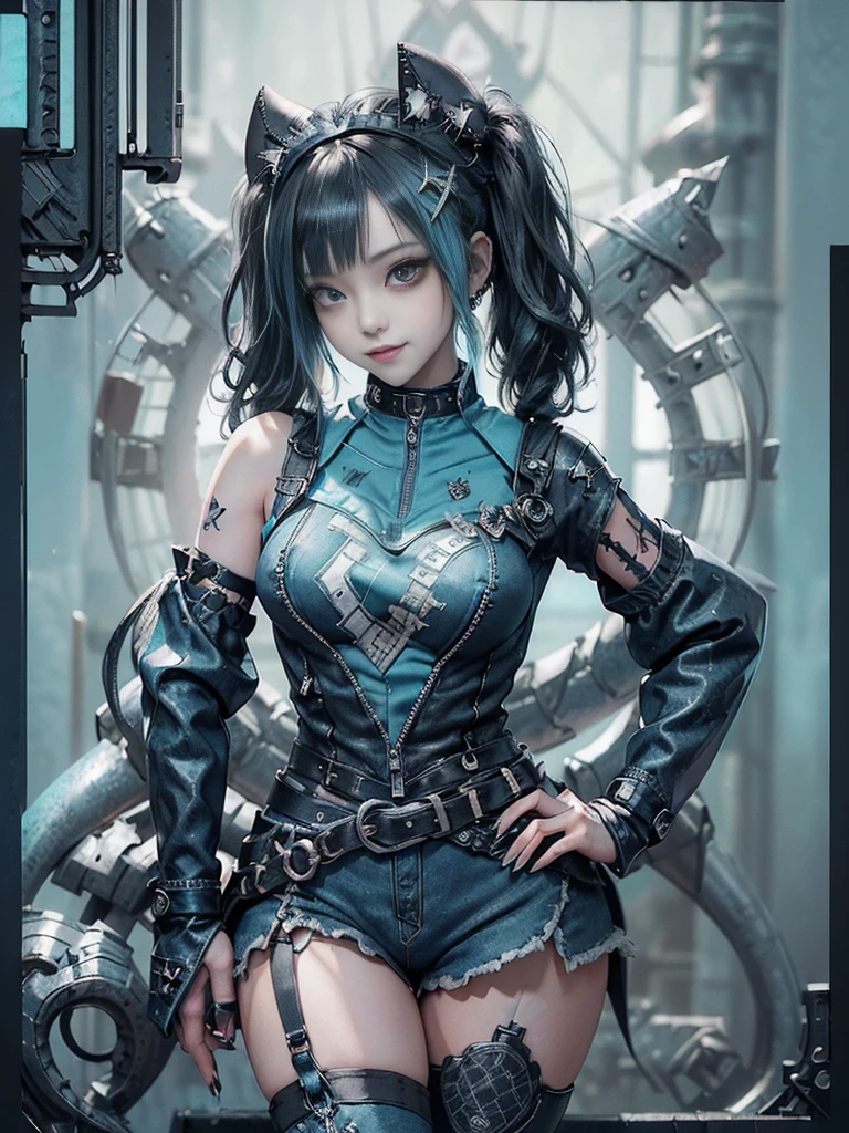(Full Body View:1.ide view:1.1)、(Sg with teeth showing:1.3),(Shibuya Gal:1.5)、(Playboy ac.5)、(Punk RockVisual Kei:1.4)、(Turquoise, navy and denim medieval noble zip up:1.5)、(Navy and white arm covers and bugle pants:1.5)、(Blue high heels:1.3)、(Wearing silver accessories:1.5)、(Dark brown collar:1.4)、(Leather garter belt:1.4)、(Brown Skin Belt:1.3)、(Black lace underwear:1.5)、20-year-old、NSFW、((Highest quality、In 8K、masterpiece:1.3))、Sharp focus:1ayered Cut、Huge boobs:1.1),Beautiful wwith perfect figure:1.4、(Doing an aerobics pose:1.3)、Slender Abs:1.2、Highly dled face and skin texture、Detailed eyes、double eyelid,(Twin tails:1.3)、(Black Hair:1.3)、Gravure idol、(A fairytale-like cafe with a lush tree background:1.3)、(Slim Body:1.3),(Make your lhinner:1.4),(Thin, thin thighs:1.3)、(clavicle:1.1)