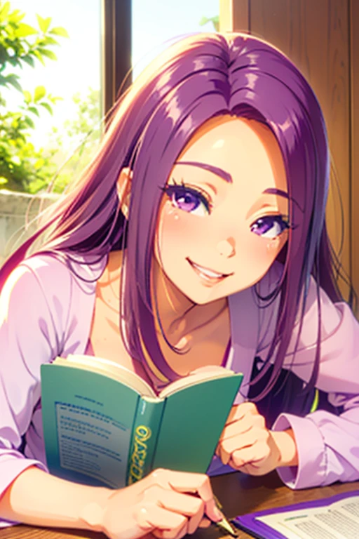 (seira sodeshiro) (highest quality) (very sensual, positive energy) (((solo lady))) (delicate face) (long disheveled hair) ((tanned skin)) (penetrating look) ((extremely pretty)) (she is close to you)) ((teasing you with her hair)) ((your pov)) ((lively colours)) ((loveliest girlfriend)) ((studying)) ((softly smiling))
