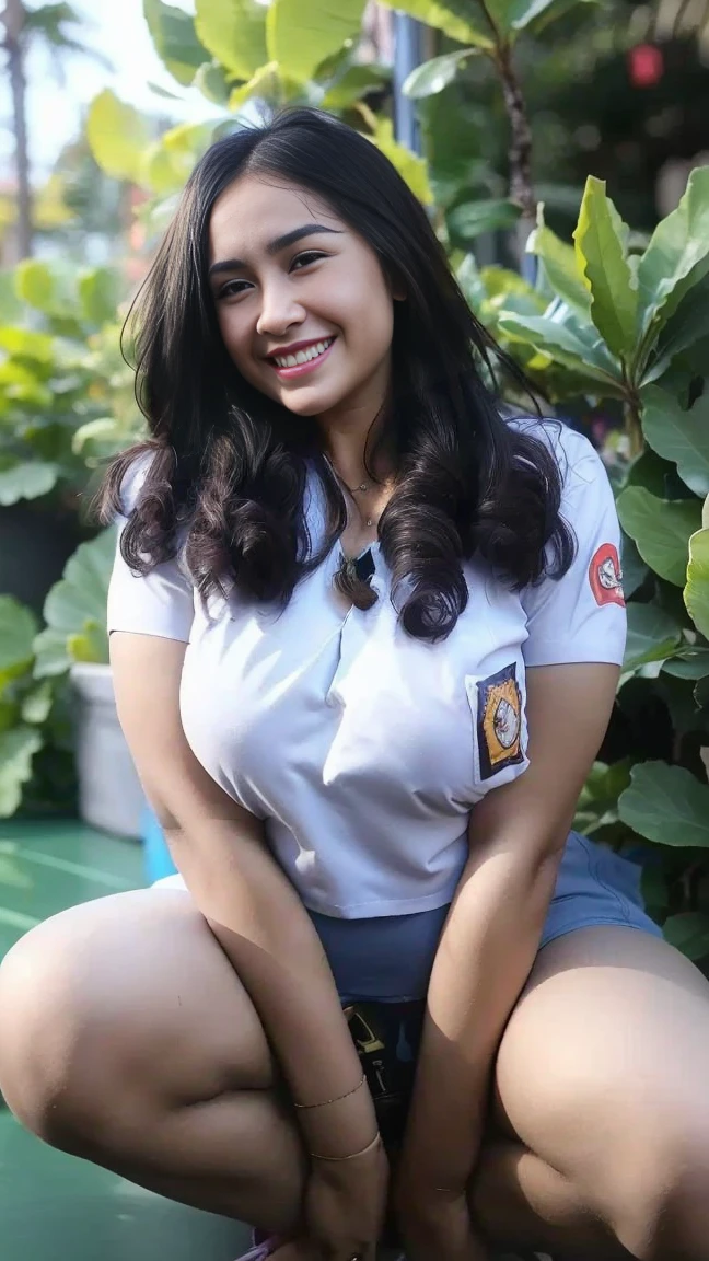 1girl, solo, 19 years old, (uniform), detailed Metropolitan city at the background, portrait, thick breasts, semi-curvy body, Sixpack abs, smooth realistic skin, cute smile, tight white shirt, grey blue short skirt, looking at the audience, high angle shot,(8k, RAW photo, best quality, masterpiece: 1.3), (realistic, realistic: 1.37), ultra-high resolution, cowboy shot