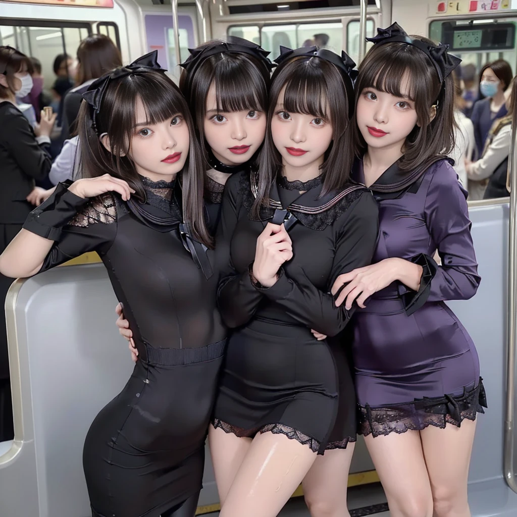 8K resolution, surreal, Super detailed, high quality, perfect anatomy, perfect proportion, masterpiece, 
((((((A group photo in crowded train at night, 3 girls, group photo)))))), 
(((((purple, black face mask, jirai fashion, sailor collar, gothic dress, Lace, micro mini skirt, bow ribbon))))), 
((((happy, grin, detailed face)))), 
((((bleached hair)))), (((impossible breasts))),  
(((shiny oiled skin, detailed skin))), 
(((tight clothes, bare legs))), looking at viewer