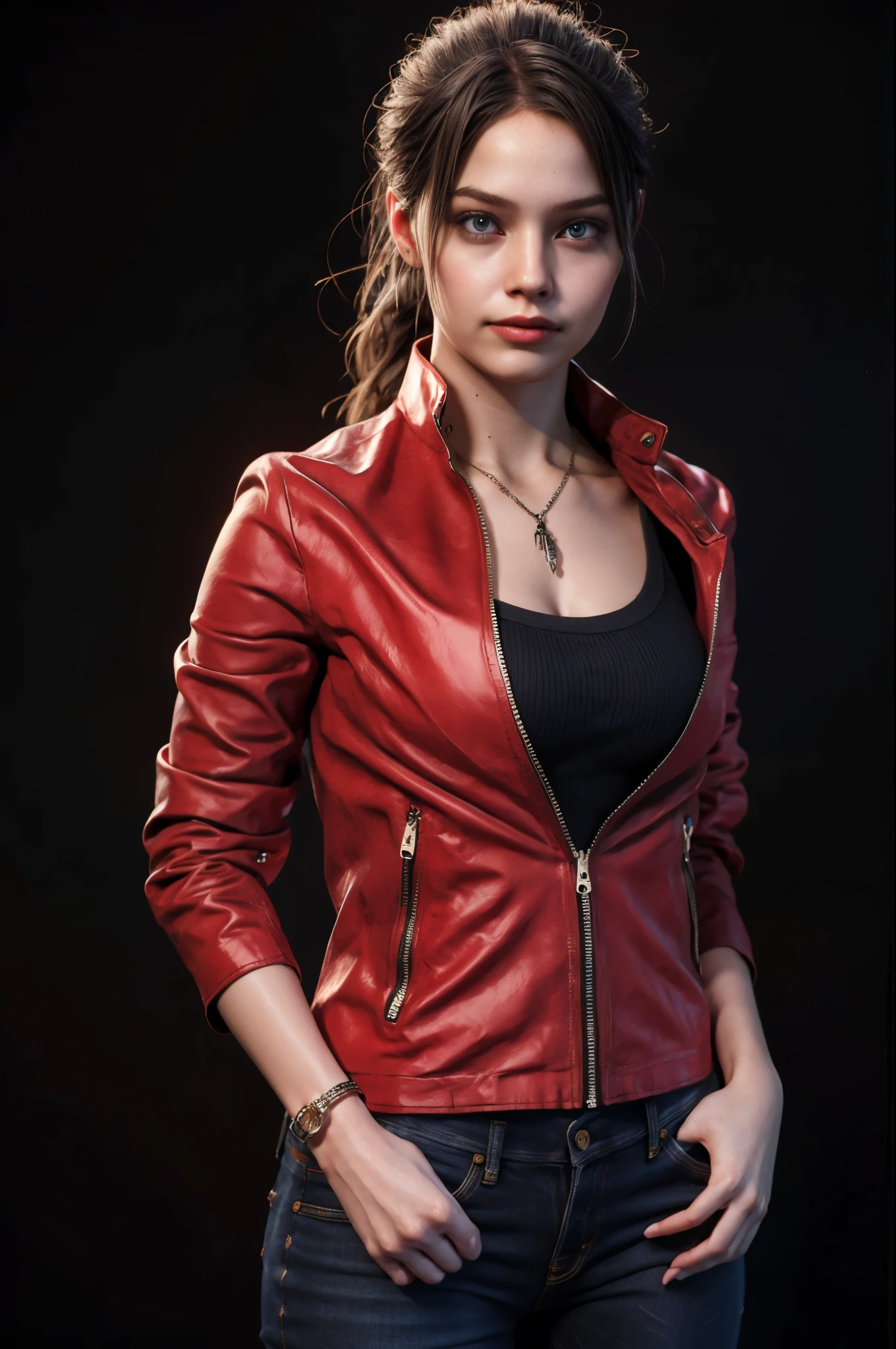 1girl, (realistic),(hyperrealism),(best quality),(masterpiece),(ultra high res),(photorealistic),idol,eye makeup,detailed eyes,detailed face,black dress, posing for a photo, black background, claireredfield2, brown hair, (red jacket:1.2), ponytail, (denim pants:1.3),