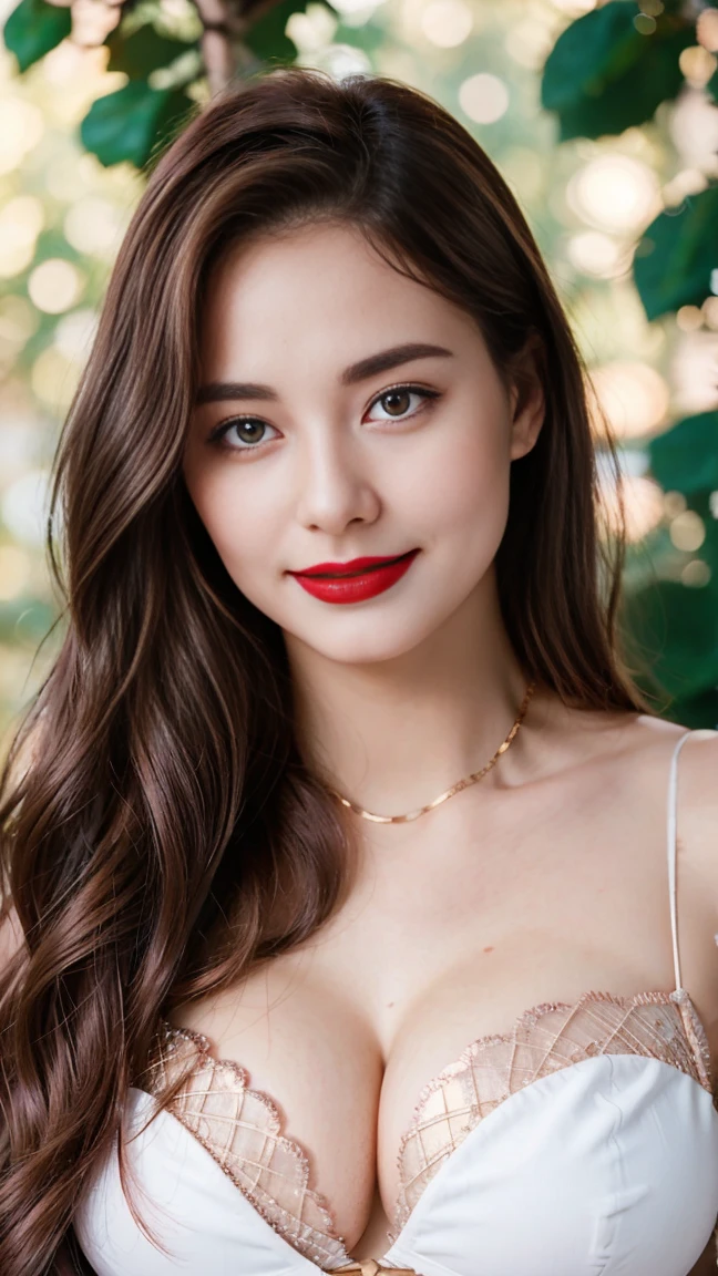 Gorgeus Girl, Beautiful, Baby Face, 20 Years Old, White Skin, red lipstick, sensual Lipstick, Colossal Breasts, Movie Lighting, Futuristic, ((Cleavage)), Green-Gold Classy Lace G-string, Rose Eye, Muscles, Bokeh, Masterpiece, Medium Bob, Rose-Gold Hair, Lying Among the Rubble of Leaves, Smile