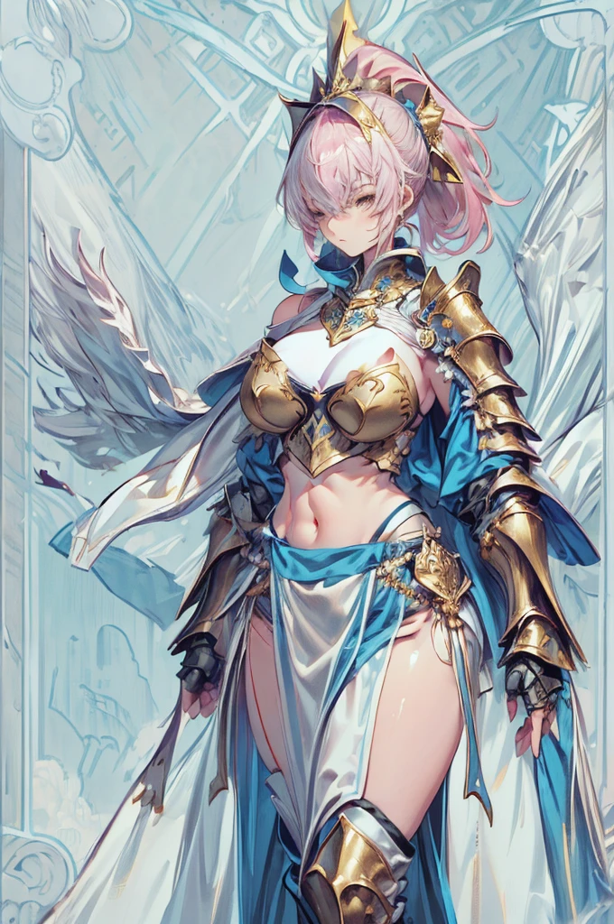 (((Pelvic Curtain)))、((masterpiece、Highest quality、8K、whole body、Are standing))、One beautiful woman、female knight、Pink and gold armor、ponytail、Large Breasts、Cleavage、belly button、stomach、Muscular、Thick arms、Thighs、Shin pads、Shoulder rest、pocket