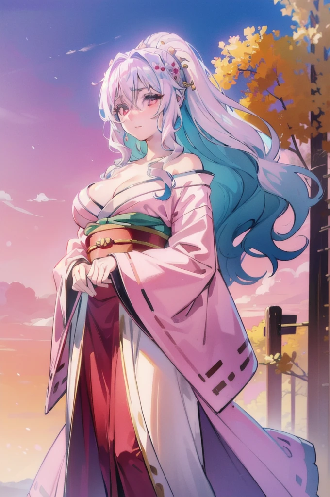 ((surreal photo, 8K uhd, professional photos, Full details from clothes to face, eyes full of life, pink eye color, masterpiece, goddess of beauty)).Tomoe is an extremely beautiful young woman with white hair,bouncy hair,red eyes,medium chest,kimono