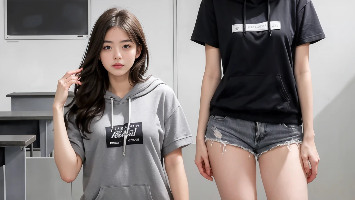 deux femmes ensemble de 18 ans sexy et mince ,short sleeve hoodie , jambe visible , se touche,salle de classe,position sensuel