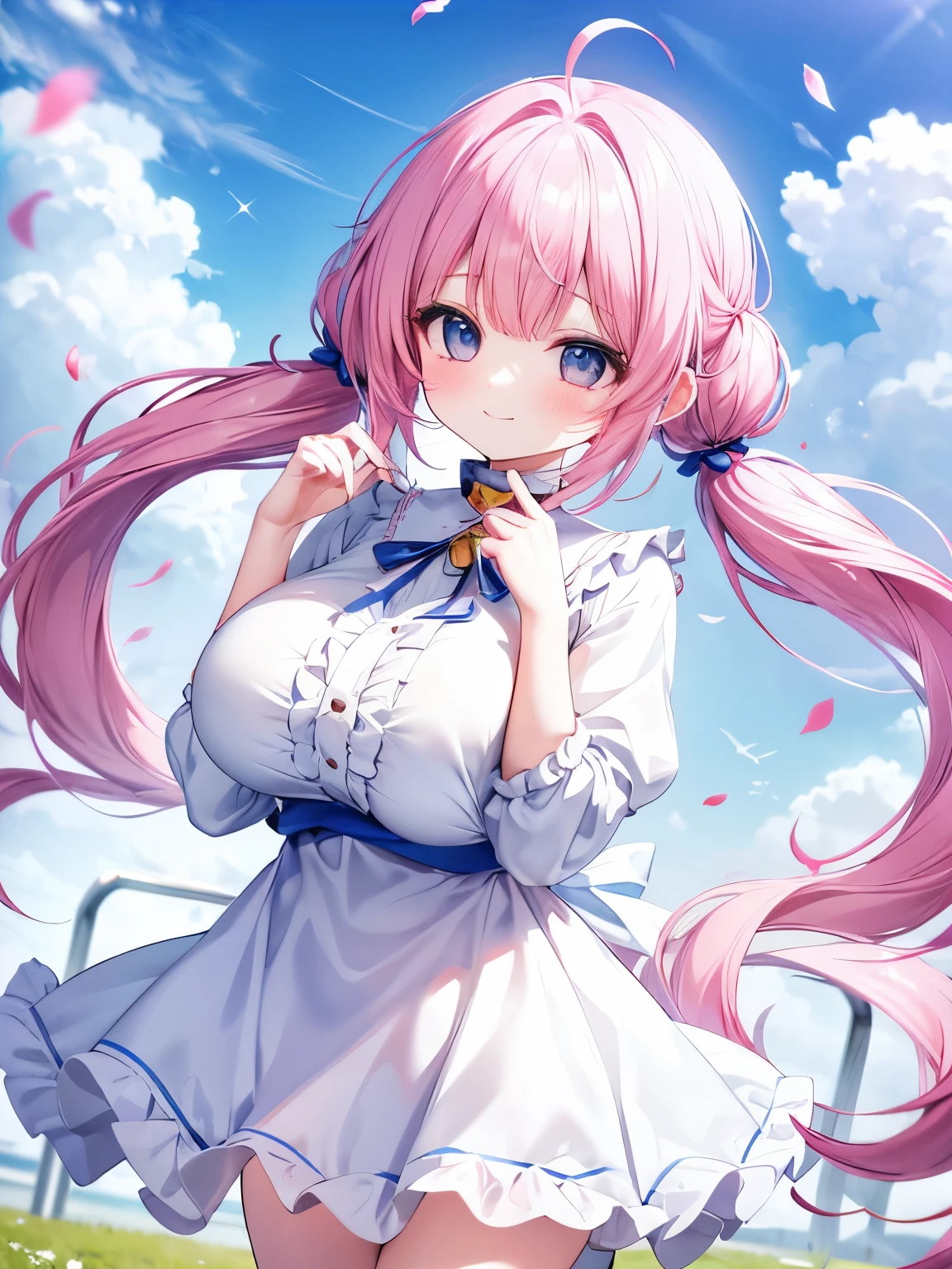 Best Quality,Beautiful Eyes,Very cute face,Beautiful Anime Girl,(Solo Girl),(gigantic breasts:1.4),(large breasts:1.2),(huge breasts:1.2),(big breasts:1.2),(mega breasts:1.2),(Pink hair),(low twintails:1.4),(Light blue eyes),Very happy smile,BREAK,(White smock blouse,Frills,Long bell sleeves,白のFrillsロングスカート:1.2),Flower Field,petals dancing in the wind,blue sky,Cowboy Shot,(Open your arms,Dynamic Pose,Dynamic Angle)