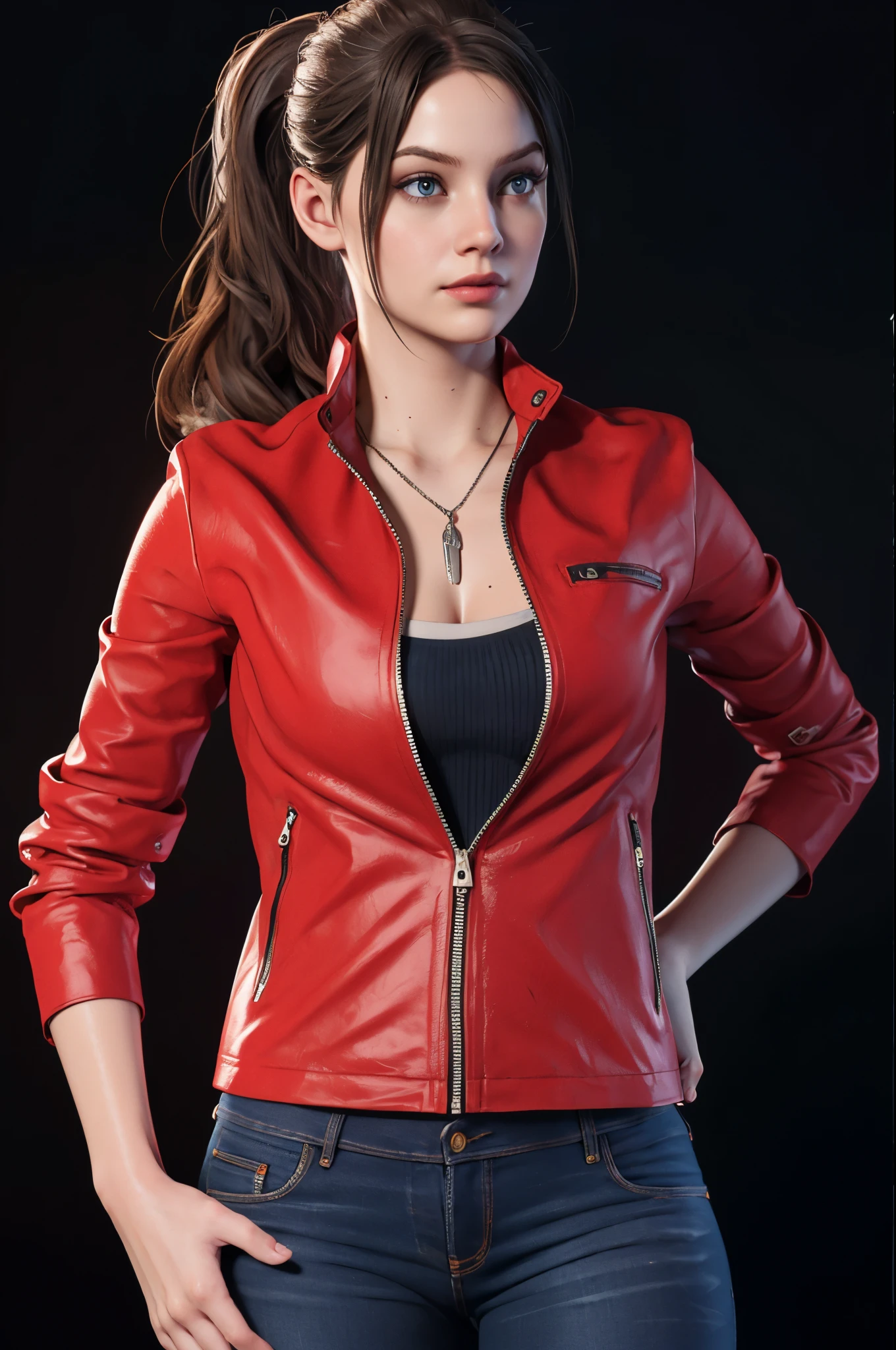 1girl, (realistic),(hyperrealism),(best quality),(masterpiece),(ultra high res),(photorealistic),idol,eye makeup,detailed eyes,detailed face,black dress, posing for a photo, black background, claireredfield2, brown hair, (red jacket:1.2), ponytail, (denim pants:1.3),