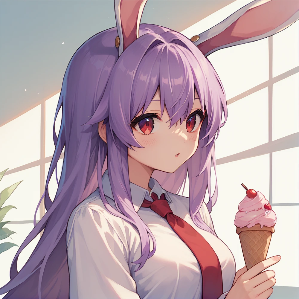 1 girl reisen udongein inaba, purple hair, red eyes, rabbit ears, rabbit girl, long hair, white shirt, red necktie, soft serve ice cream