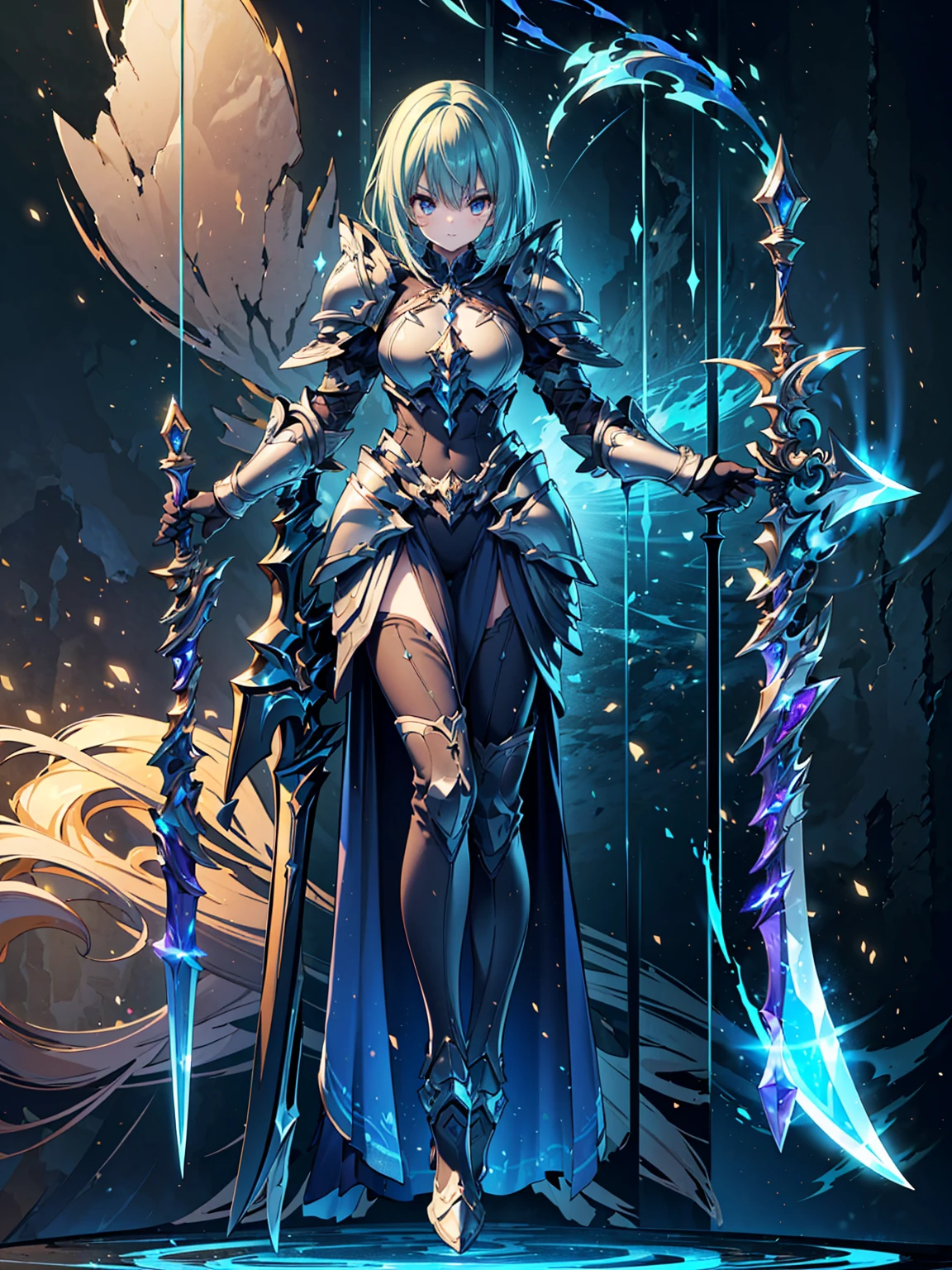 Design a layout showcase Gaming character, (1girl). Golden+Purple  full body armor, stylish and unique. ((showcase weapon:1.4)), magic staff. (masterpiece:1.2), (best quality), 4k, ultra-detailed. (Step by step design, layout art:1.5), (luminous lighting, atmospheric lighting). magican, ((glove full hands)), (((revealing armor:1.3))), vambraces, armored legwear, (((full_body_shot:1.4))). [Happy:0.5], [Determined:0.5], right-facing.