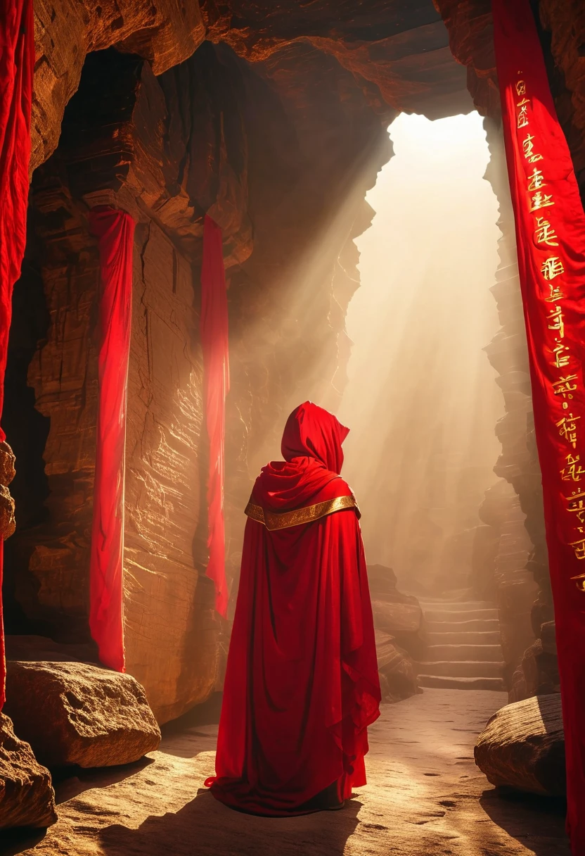 (dark), Photography Ambient Light, A mummy wearing a red hooded robe，The robe has a gold border，There are magic words engraved on it, Mummy in red hooded cloak, floating，Cave，Ancient buildings，