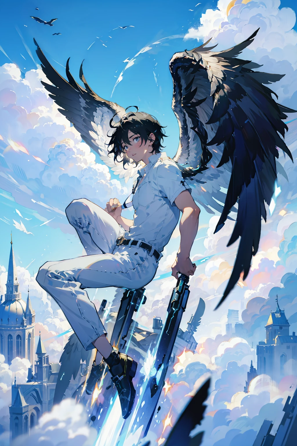 1boy,black hair,cool,he has white wing, landing_wings,floating sky,brilliant sky