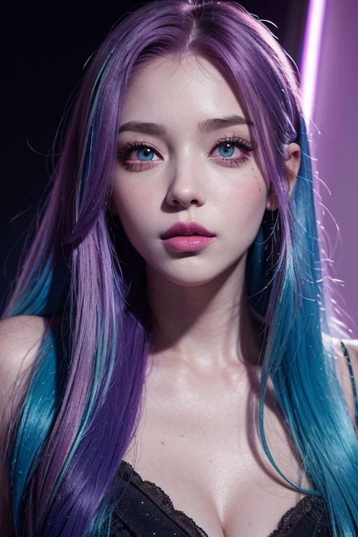 young woman, with long purple hair with blue and green tints, pink eyes, look at the viewer, blue skin, Pink, and yellow glitter, with a cigarette in his hand, portrait, raspberry bright lips