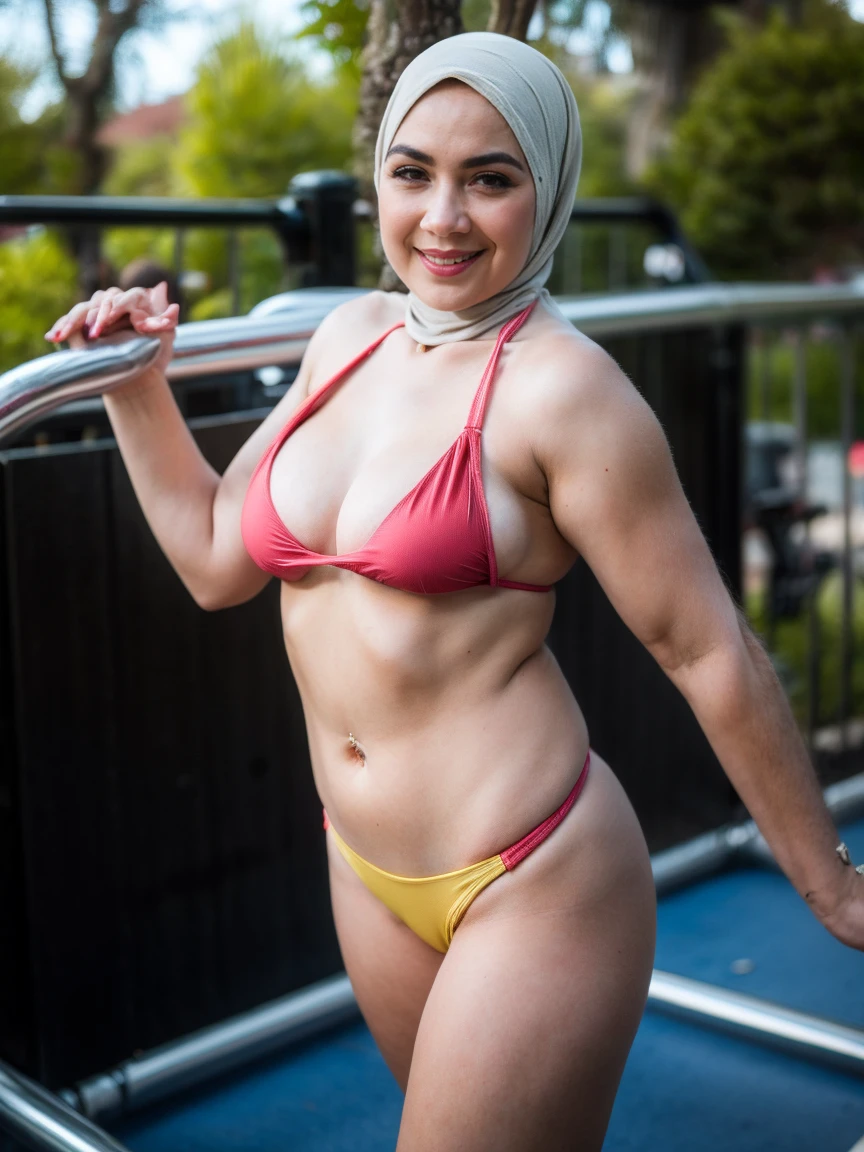 hijabi, masterpiece, best quality, high_resolution, finely detailed, extremely detailed and beautiful, distinct_image, 1 girl, solo, underneath, (underboob), outdoor, plants, botanical garden, dolphin shorts, arms behind back, light smile, sweat,