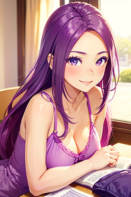 (seira sodeshiro) (highest quality) (very sensual, positive energy) (((solo lady))) (delicate face) (long disheveled hair) ((tanned skin)) (penetrating look) ((extremely pretty)) (she is close to you)) ((teasing you with her hair)) ((your pov)) ((lively colours)) ((loveliest girlfriend)) ((studying)) ((softly smiling))
