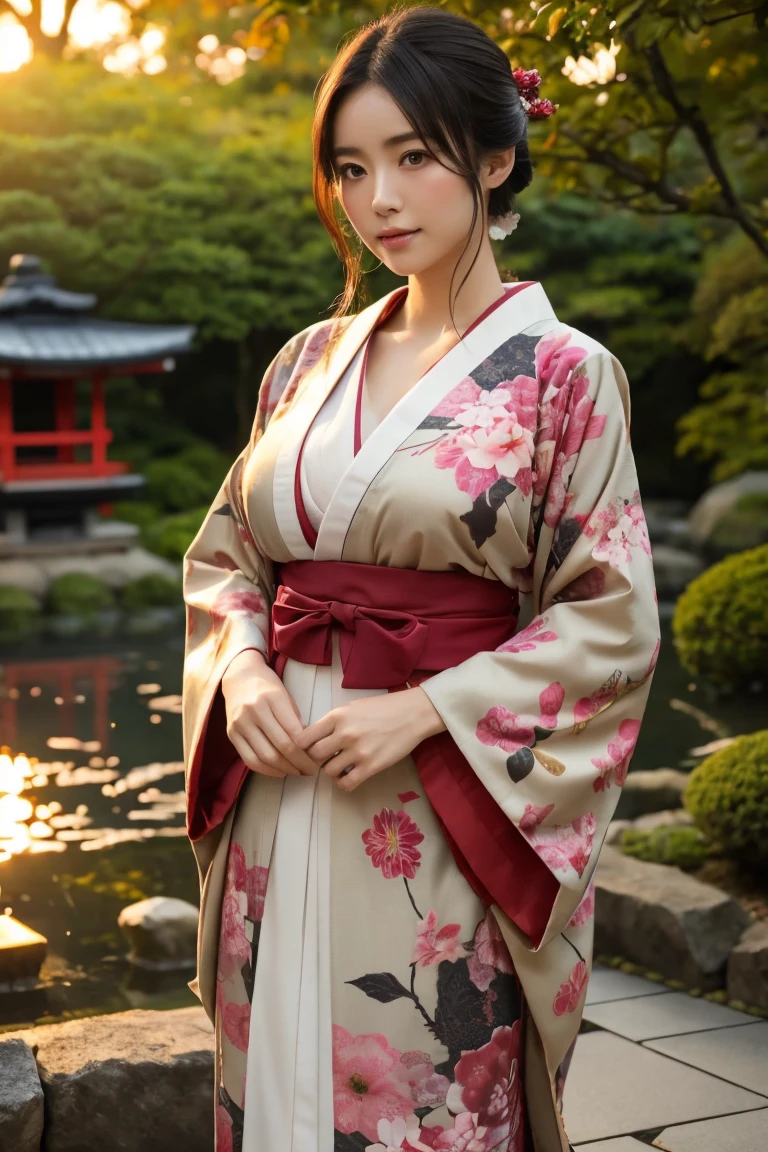 Standing in a Japanese garden、Beautiful woman、Very large breasts、(View your viewers)、nature、Black kimono、Japanese Clothing、Skin Details、Genuine、Dim lighting、mysterious、sunset