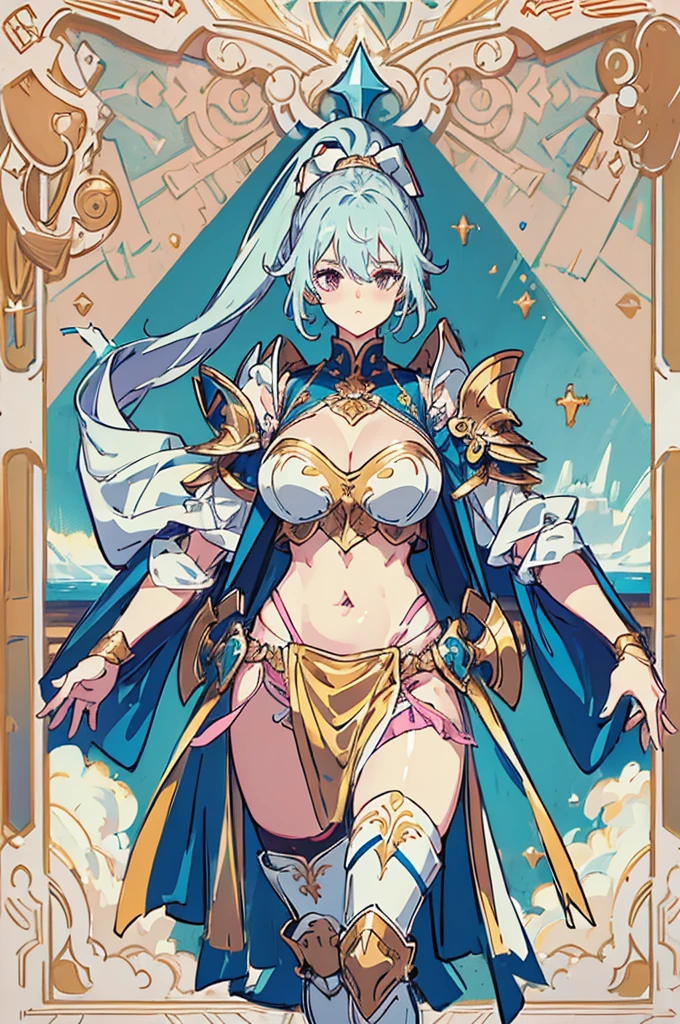 (((Pelvic Curtain)))、((masterpiece、Highest quality、8K、whole body、Are standing))、One beautiful woman、female knight、Pink and gold armor、ponytail、Large Breasts、Cleavage、belly button、stomach、Muscular、Thick arms、Thighs、Shin pads、Shoulder rest、pocket