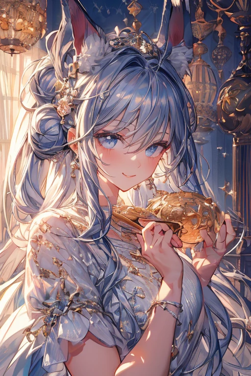 (((Masterpiece))),(((Super Detail))),(((in 8K))),(((best composition))),(((Rim lighting,Fireglow effect,deep shadow))),solo),Beautiful fingers,Detailed finger features,(Detailed hair features:1.7),(Dynamic and sexy bending pose:1.3),detailed facial features,detailed clothes features, (perky chest:1.1), (pointed chest:1.3), delicate beautiful face, Bright blue eyes, cute eyes, sparkling eyes, Big eyes, beautiful detailed eyes,double bun with glittering hair ornament:0.6,(super detailed glossy skin:1.3),slender body,goddess smile,((with sparkling eyes and a contagious smile)),beautiful illustration, best quality, cute girl, bedroom, pastel color, fluffy bunny ears, , silver long hair, rabbit stuffed toy, bright lighting, light blue eyes