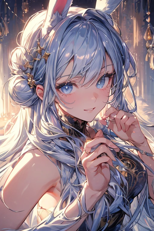 (((Masterpiece))),(((Super Detail))),(((in 8K))),(((best composition))),(((Rim lighting,Fireglow effect,deep shadow))),solo),Beautiful fingers,Detailed finger features,(Detailed hair features:1.7),(Dynamic and sexy bending pose:1.3),detailed facial features,detailed clothes features, (perky chest:1.1), (pointed chest:1.3), delicate beautiful face, Bright blue eyes, cute eyes, sparkling eyes, Big eyes, beautiful detailed eyes,double bun with glittering hair ornament:0.6,(super detailed glossy skin:1.3),slender body,goddess smile,((with sparkling eyes and a contagious smile)),beautiful illustration, best quality, cute girl, bedroom, pastel color, fluffy bunny ears, , silver long hair, rabbit stuffed toy, bright lighting, light blue eyes
