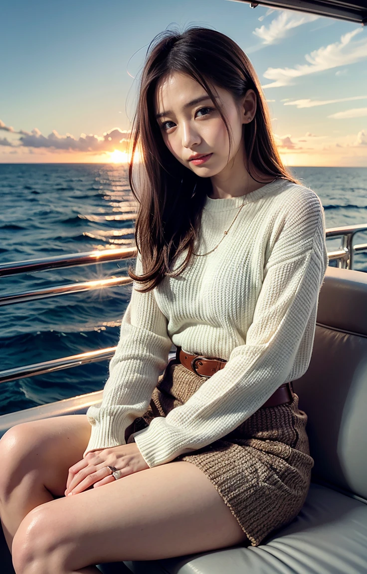 The sky turns red、Woman standing on a boat、Light brown hair、Elegant hairstyle、Blue Eyed Woman、A woman with a cute upward gaze、When the sky gets dark、The gentle light of the ship shines、The sky turns red as the sun sets、Tight clothing that shows your body lines、、Elegant summer knitwear、Elegant summer sweater、belt、Short skirt、Dress elegantly着こなす、Luxury Bags、、((Medium Short Hair:1.4))、Skyscrapers seen across the sea、Manhattan 私sland is visible offshore、Woman on a sightseeing boat、、The sun shines on her、Light brown hair、Light brown hair、The sky was dyed red、There are clouds、private's cute、An elegantly dressed woman is sitting on a boat and watching the sunset、Her ample breasts are obvious even through her clothes..、The shining sun is so beautiful、Dusk is approaching、Lens flare、You can see the sunset、((Sunlight reflecting off the ocean、Ocean View、The sun shines on the ocean、'beautiful.、Small earrings、private'evening、Birds are also flying、、Brown Hair Color、Tying up hair、The woman is on the right:1.4))、High-quality leather belt、Shiny clothes、Light beige hair color、Background Blur、Braid only the front hair、Light brown hair、{{Cowgirl Shot}}、((Close-up shot from the waist up、Ample breasts:1.4))、Smile、Silk clothing、Ample breasts that can be seen even through clothes、Braid only the front hair、Cowboy Shot、Gorgeous white collared silk shirt and brown skirt、Dress elegantly、Luxury Bags、A lovely smile、((Ample breasts))、Full body photo、ring、Short skirt、Tuck your hair behind one ear、Silver Necklace、smile、 Elegant ponytail、Caustics、Highly detailed photos、Very beautiful and ideal short hair、Super no makeup、(8k、RAW Photos、highest quality、masterpiece:1.2)、(Realistic、Realistic)、1 girl、((Medium Short Hair、Looking into the camera:1.4))、Hair blowing in the wind