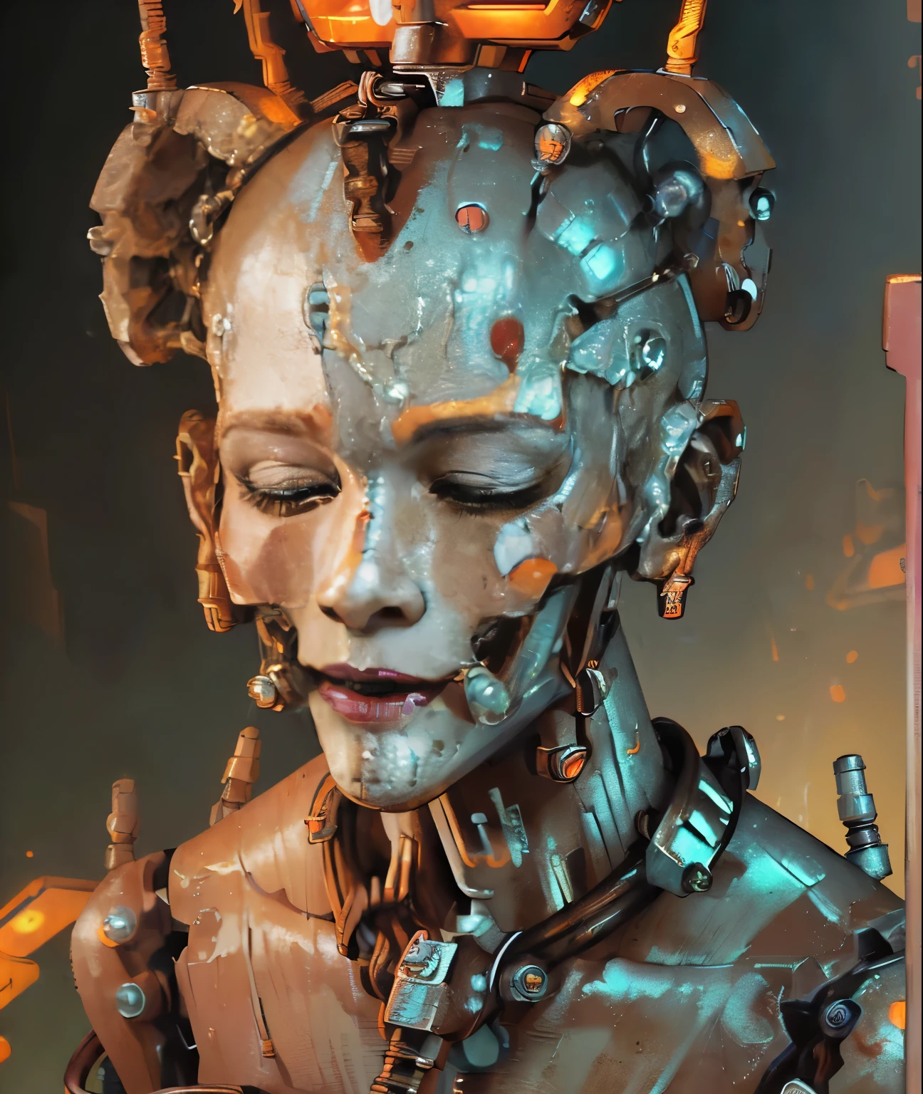 (((Highest quality))), ((Ultra high definition)), (Highly detailed photorealistic), (((Delicate and beautiful features)), (Broken detailed face)), Cinematic Light, ((Hanging Mechanical Doll)), (((Not expressive))), only, whole body, a bit, Machine Head, ((Bald headed robot)), ((close your eyes)), ((Mechanical Neon Stickers: 1.4), (Rusty Mechanical Limbs)), (Blood vessels connected to tubes), ((Rusty mechanical vertebrae attached to his back)), (((Rusty cervical vertebrae) Wear around the neck)), ((On my knees)), (Rusty wires and cables attached to head and body: 1.5), a bites lampes LED rouges sur le corps, sf, Fine rust, ((Exquisite and detailed, Real Stick, Photorealistic, Photorealistic:1.37)), ground angle, View of 3/4