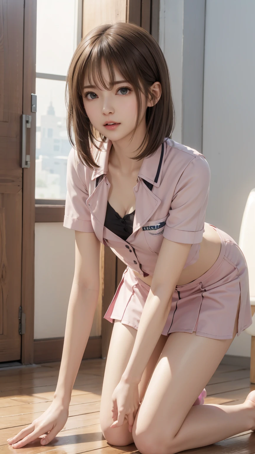 high grade quality,8K visual quality,high detail skin and eye, Small breasted wife、Examination by leaning forward、Pink nurse uniform、Nipples visible from the chest、Thin, flat cleavage、Get on one knee、Exposed female genitalia、