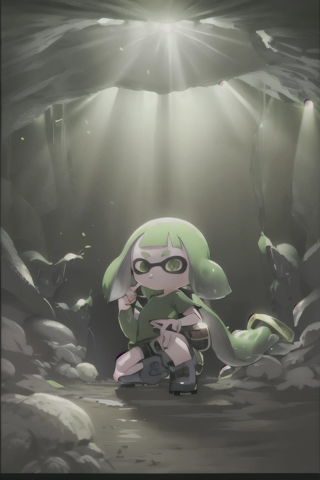 Boots Nutz, Tucked in shirt, Green short shirt, T-Shirts, Camouflage shorts, Black belt, Belt Buckle, ((One Splatoon girl)), squat, (Inside the cave:1.2), rock, crystallization, View your viewers, Golden Eyes、Toothy smile、Multicolored tentacle hair、Prism Gradient Tentacle Hair、Inside the cave with its wide open space、An exit to the outside in the distance、A streak of light shining through、