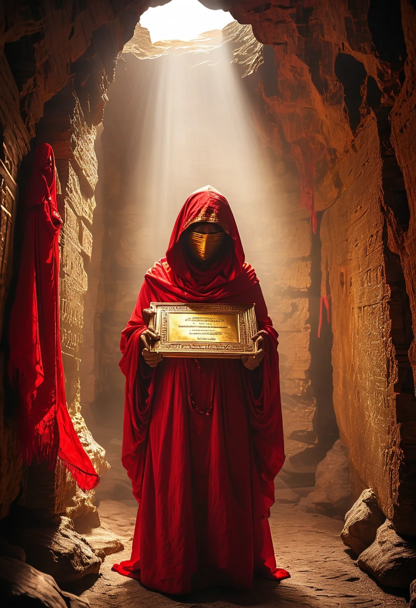 (dark), Photography Ambient Light, A mummy wearing a red hooded robe，The robe has a gold border，There are magic words engraved on it, Mummy in red hooded cloak, floating，Cave，Ancient buildings，