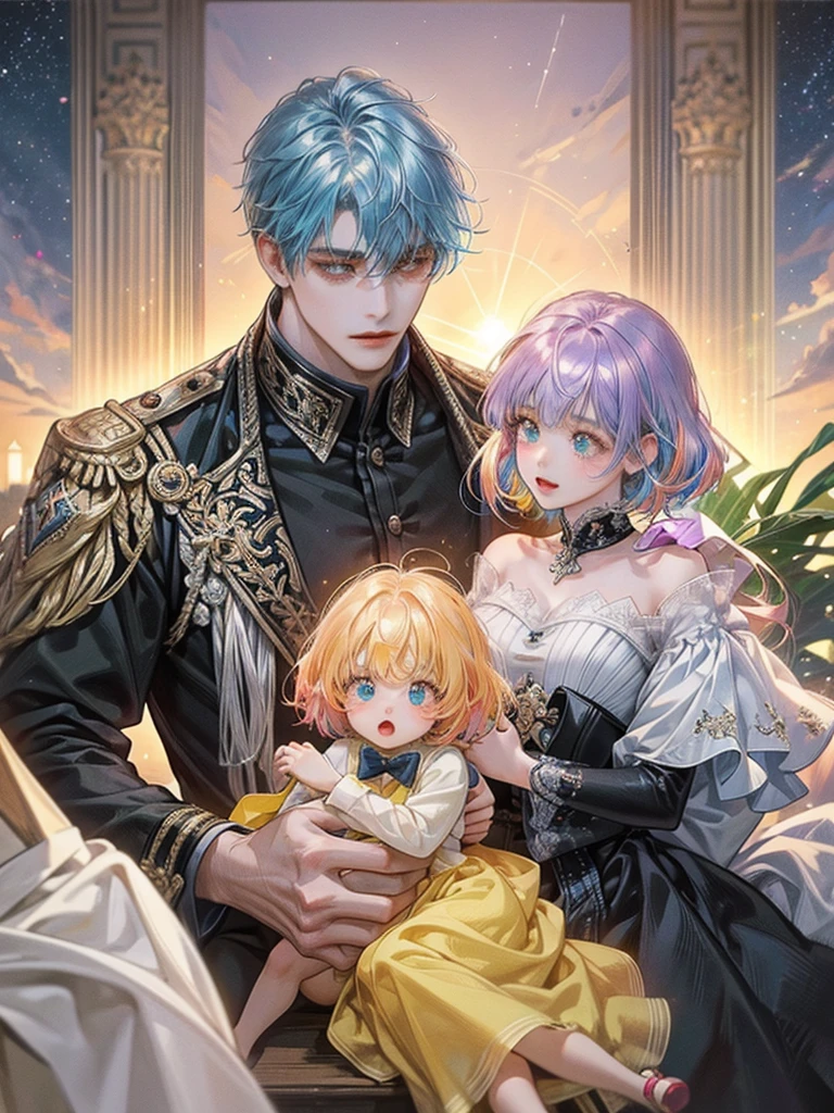 (((Mother and son,My son is a newborn baby.)))、((Highest quality、Masterpiece、Official Art、The best dynamic composition))、They both have a mixture of blue and white hair.、She is happily stroking the baby's cheek.、Heartwarming、happiness、A sparkling world、