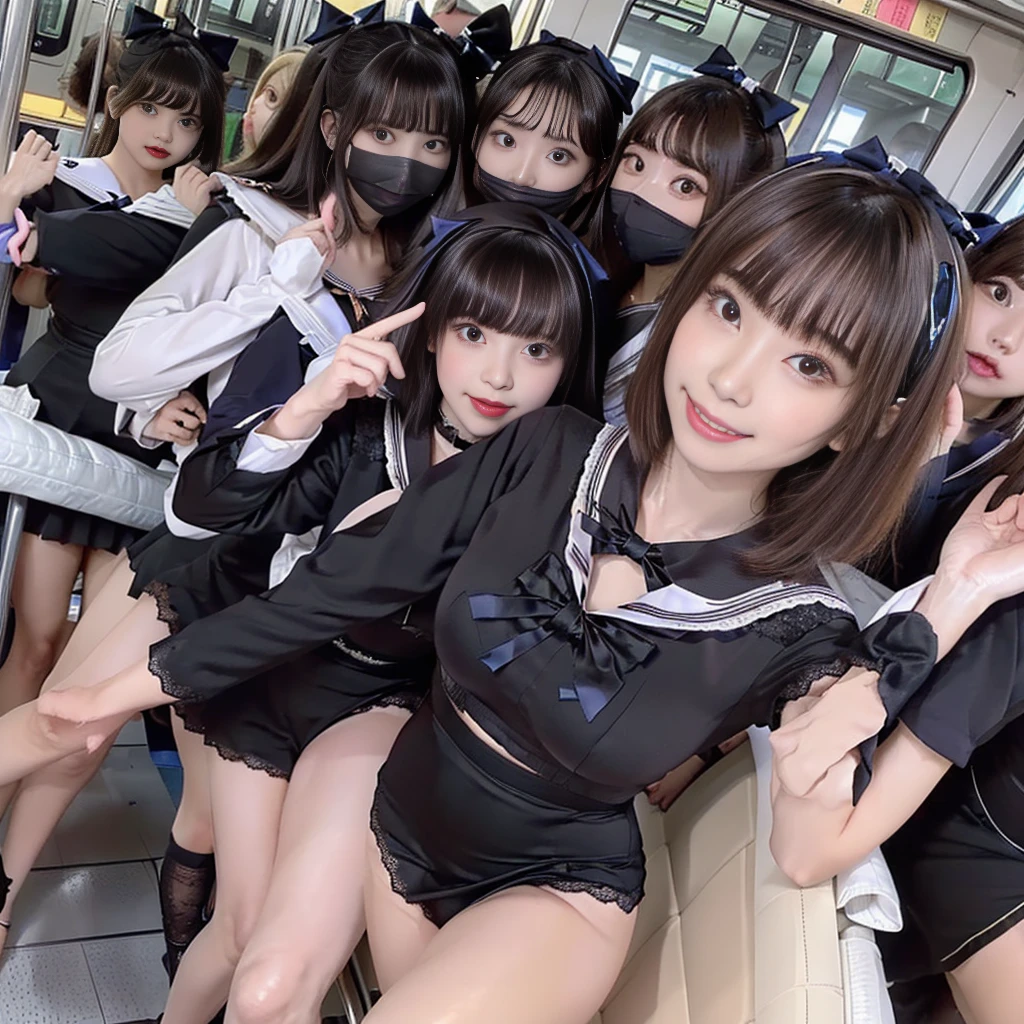 8K resolution, surreal, Super detailed, high quality, perfect anatomy, perfect proportion, masterpiece, 
((((((A group photo in crowded train at night, 6 girls, group photo)))))), 
(((((purple, black face mask, jirai fashion, sailor collar, gothic sailor uniform, Lace, micro mini skirt, bow ribbon))))), 
((((happy, grin, detailed face)))), 
((((bleached hair)))), (((impossible breasts))),  
(((shiny oiled skin, detailed skin))), 
(((tight clothes, thigh, bare legs))), looking at viewer