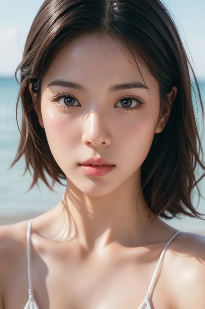 ((Highest quality)),((8K)),(Genuine)、(detailed)、(Beach)、(Bust up shot)、繊細でdetailedな鮮やかな美しい色の衣裳:1.4、Frilled bikini、Glossy short bob、Glowing Skin、Japanese、beauty、Looking into the camera、Duck mouth、cute、Hehehe:1.2、Shot with a film camera、RAW shooting、#24、Genuine、フォトGenuine:1.4、Photon Mapping、Physically Based Rendering、Perfect Anatomy、detailedな目、detailedな二重、detailedな咬筋、detailedな鎖骨、Perfect Fingers、Finger Description、(品質 8K)、((White skin))、Avoid mascara、Hair with movement、detailedな毛穴、Natural light、detailedな描写、Blushing、Fine pores、Perfect cleavage、masterpiece、Blushing、Hair with movement、detailedな腹筋、Sparkling、Cowboy Pose、sexy、detailedな脇の下、(Big Breasts)、face closeup 、(Upper Body)、detailedな目元、