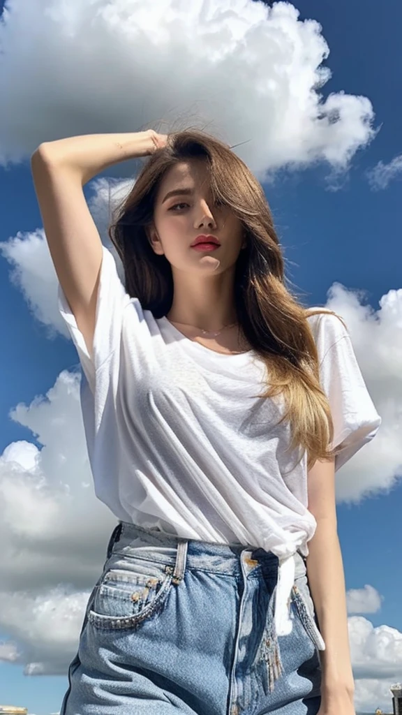 (Daytime, Excellent, 8K, Masterpiece:1.3)), Full body, Long legs, Focal length: 1.2, Perfect Body Beauty: 1.4, Slim Abs: 1.1, ((blonde Hair, big Breasts: 1.2 )), (White Skinny T-shirt, Denim Suspenders, Standing: 1.2), ((City, Blue Sky and White Clouds: 1.3)), Highly detailed face and skin texture, Detailed eyes, Double eyelids,