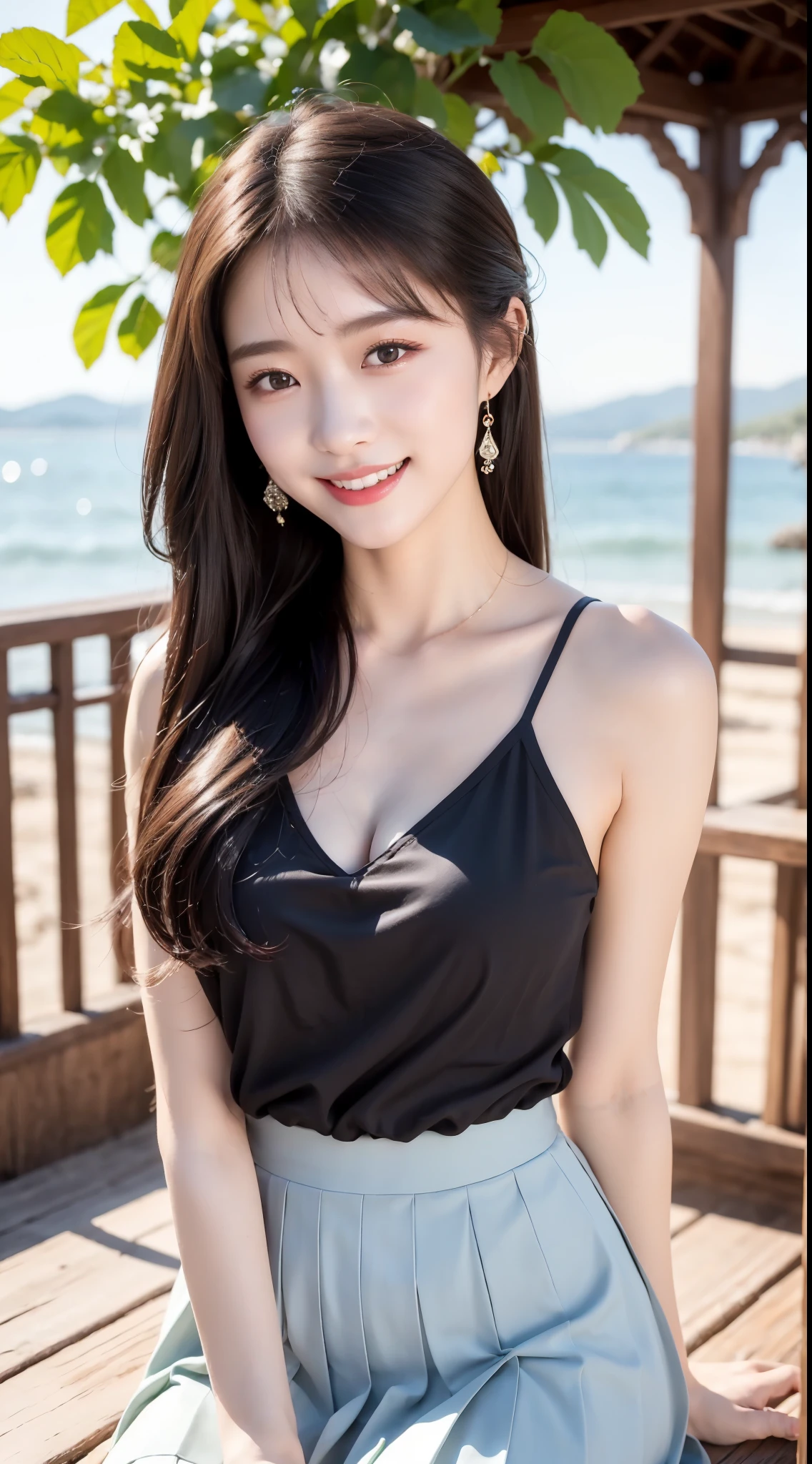 (Highest quality、Ultra-high resolution、８ｋ、masterpiece:1.3)、Beautiful woman with perfect figure:1.4、Black Hair、((uniform))、(Pleated skirt)、cute、Highly detailed face and skin、Detailed eyes、double eyelid、Thin legs、The best smile、(((１people)))、Beautiful views、（Sea side）、（Sandy Beach）、beautiful place、The best smile、Extraordinary beauty、Age: 16、Perfect Proportions、whole body、blue sky、Baby Face、