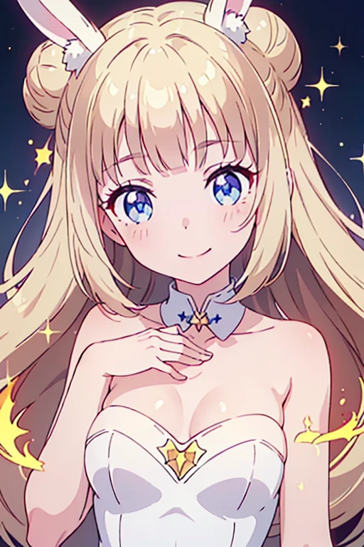 (((Masterpiece))),(((Super Detail))),(((in 8K))),(((best composition))),(((Rim lighting,Fireglow effect,deep shadow))),solo),Beautiful fingers,Detailed finger features,(Detailed hair features:1.7),(Dynamic and sexy bending pose:1.3),detailed facial features,detailed clothes features, (perky chest:1.1), (pointed chest:1.3), delicate beautiful face, Bright blue eyes, cute eyes, sparkling eyes, Big eyes, beautiful detailed eyes,double bun with glittering hair ornament:0.6,(super detailed glossy skin:1.3),slender body,goddess smile,((with sparkling eyes and a contagious smile)),beautiful illustration, best quality, cute girl, bedroom, pastel color, fluffy bunny ears, , silver long hair, rabbit stuffed toy, bright lighting, light blue eyes

