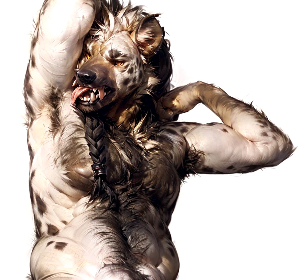 (by darkgem:1.4), masterpiece, best details, realistic, illustration, nude, solo, (anthro), genitals, with bushy pubic hair and armpit hair, snarling, growling, attitude, clear details, powerful, pleasure, self-pleasure, perfect hands, covered in fur, fangs, tongue, paws, claws, tail, detailed nipples, ((anthro male wolf:1.4), sexy guy man, masculine, belly, slim, hairy balls, cock, knot, penis, erect, brown fur, yellow belly fur, orange markings, braids, long hair, fluffy, big ears), (musky, body odour:1.4), (licking armpit, armpit worship:1.2)