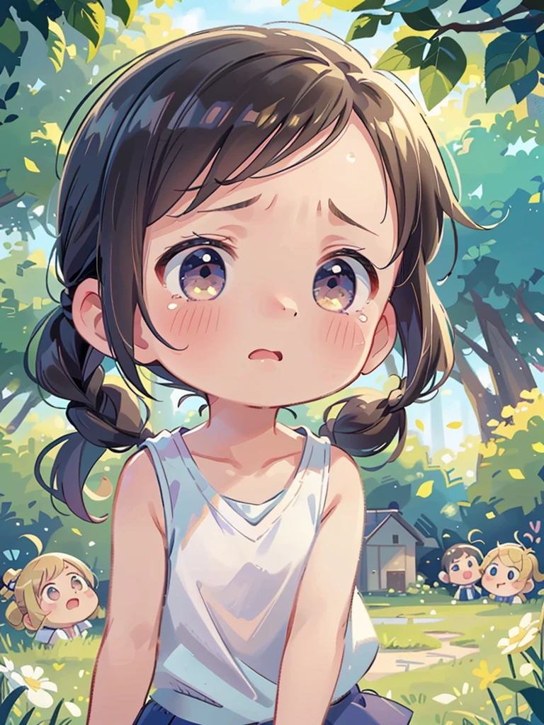 Girls under 8 years old, under 100 height, dress, small breasts, patterned cotton panties, fabric realistic, black long hair, no jacket, lesbian