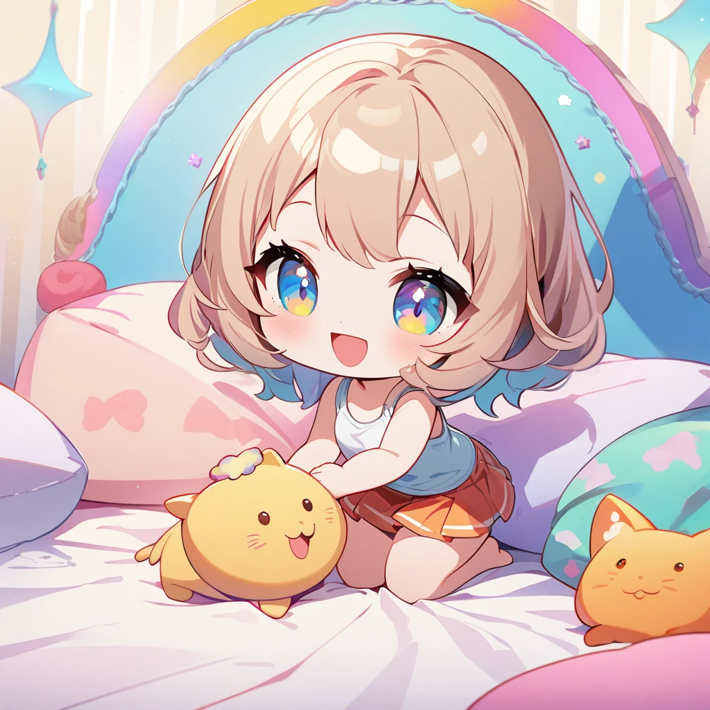 masterpiece、Highest quality、Depth of subject、((2D illustration))、1 beautiful girl、((colorful))、(((chibi style)))、((Long, beautiful hair))、Light brown hair、ribbon、cute、Beautifully detailed eyes、Tank top、((mini skirt))、(((vivid color))、((bed))、stuffed toy、((full body shot))、((Very happy face))、((baby cat))、((There's a lot of pink around))、((Lens flare))、White light is shining、Sunbeam、My whole body was filled with light、Cinematic lighting、Full body lighting