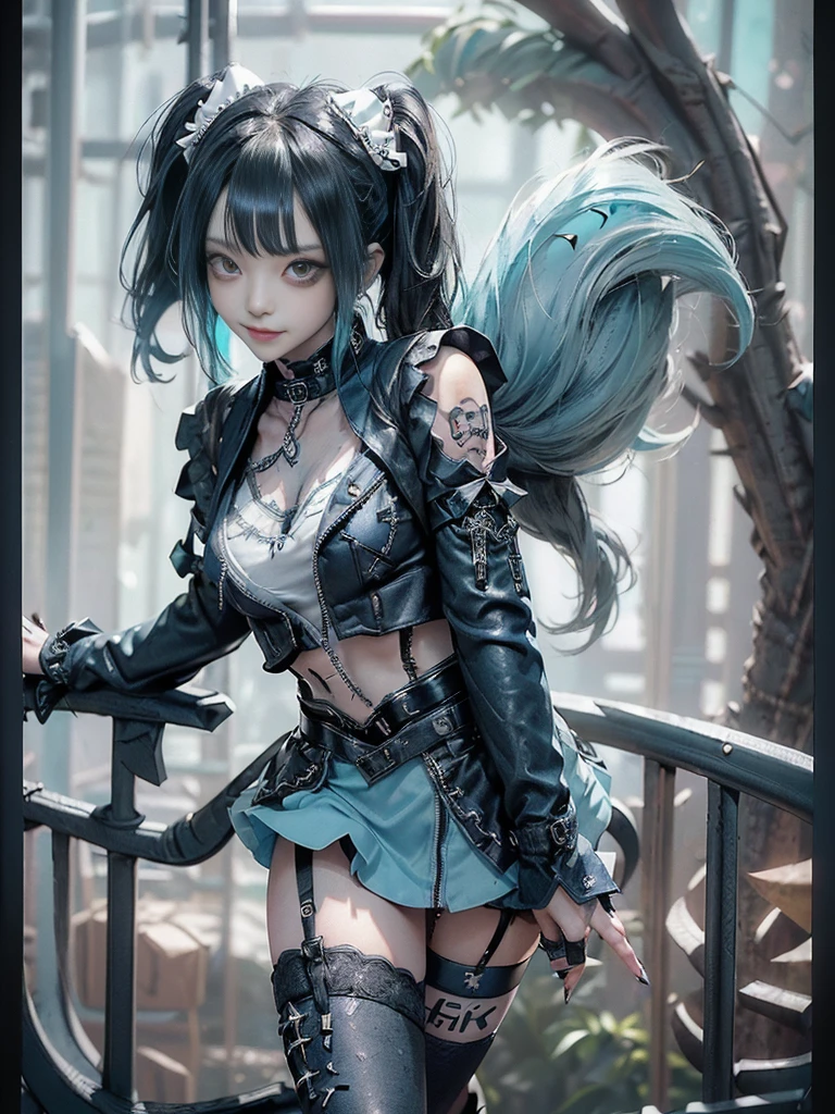(Full Body View:1.3)、(Side view:1.1)、(Smiling with teeth showing:1.3),(Shibuya Gal:1.5)、(Playboy actress:1.5)、(Punk RockVisual Kei:1.4)、(Turquoise, navy and denim medieval noble zip up:1.5)、(Navy and white arm covers and bugle pants:1.5)、(Blue high heels:1.3)、(Wearing silver accessories:1.5)、(Dark brown collar:1.4)、(Leather garter belt:1.4)、(Brown Skin Belt:1.3)、(Black lace underwear:1.5)、20-year-old、NSFW、((Highest quality、In 8K、masterpiece:1.3))、Sharp focus:1.2、(Layered Cut、Huge boobs:1.1),Beautiful woman with perfect figure:1.4、(Doing an aerobics pose:1.3)、Slender Abs:1.2、Highly detailed face and skin texture、Detailed eyes、double eyelid,(Twin tails:1.3)、(Black Hair:1.3)、Gravure idol、(A fairytale-like cafe with a lush tree background:1.3)、(Slim Body:1.3),(Make your legs thinner:1.4),(Thin, thin thighs:1.3)、（clavicle:1.1）
