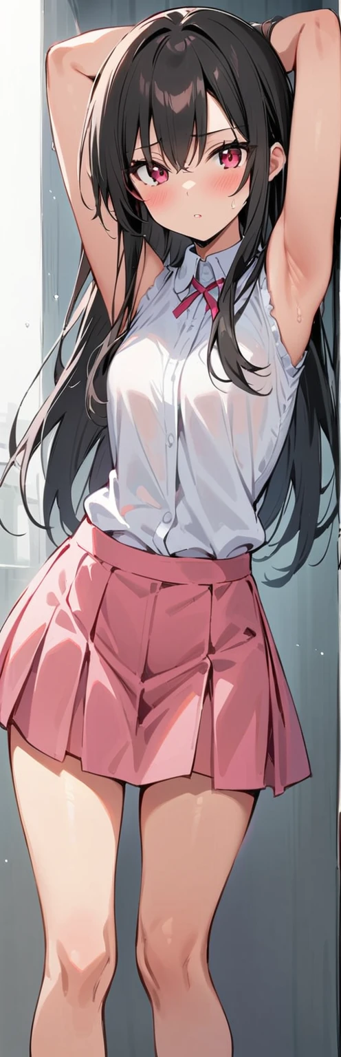 1woman,dark brown hair,Long wavy hair、uma mulher de 20 anos、((Impatient expression)),Beautiful Medium Large、white  shirt,navy blue pleated mini skirt,well styled,,(facing the front)(((blush cheeks、embarrassed expression)),(((The skirt is rolled up by the wind)))、(pink lace panties)、((facing backwards))、((Visible buttocks))