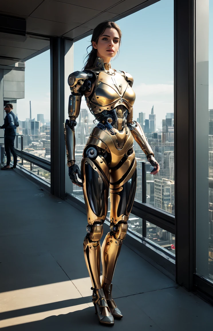 ((best quality)), ((masterpiece)), ((ultra realistic)), (dynamic sexy pose),  a sexy female robot, flat smooth featureless enamel face, no human face, highly detailed porcelain, intricately detailed white and gold filigreed body segments, ultra detailed golden scroll work, cyberpunk city at night, neon skyscrapers, raining, reflections, (busy street filled with people), high contrast, intricate details,