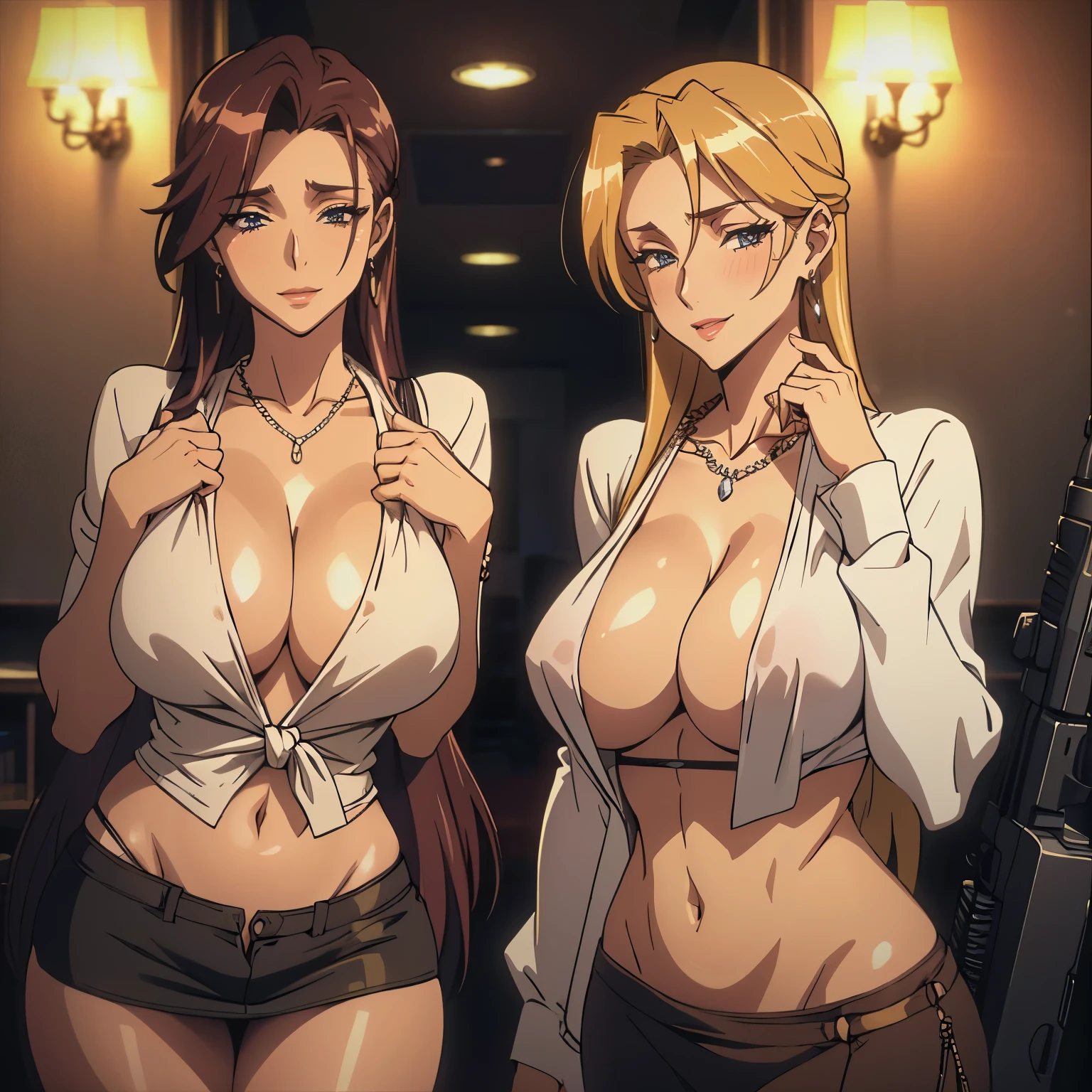 Elegant mature woman, beautiful, 2girl, two girl ,long hair,mature female,makeup,eyelashes,blush, lipstick, masterpiece, best quality, ((unbuttoned , cleavage, necklace, earrings, sexy body, breasts)) , micro skirt, smiling, navel , exposed belly, exposed navel, knot ,school, classroom , holding a gun, hold a gun