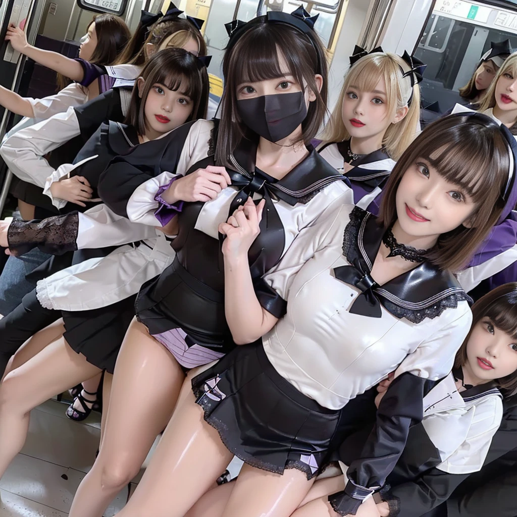 8K resolution, surreal, Super detailed, high quality, perfect anatomy, perfect proportion, masterpiece, 
((((((A group photo in crowded train at night, 6 girls, group photo)))))), 
(((((purple, black face mask, jirai fashion, sailor collar, gothic sailor uniform, Lace, mini skirt, bow ribbon))))), 
((((happy, grin, detailed face)))), 
((((blond hair, bleached hair)))), (((impossible breasts))),  
(((shiny oiled skin, detailed skin))), 
(((tight clothes, thigh, bare legs))), looking at viewer