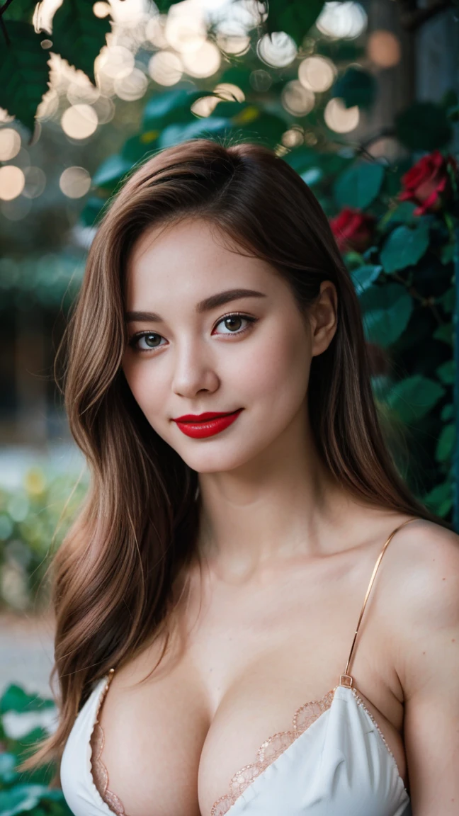 Gorgeus Girl, Beautiful, , 20 Years Old, White Skin, red lipstick, sensual Lipstick, Colossal Breasts, Movie Lighting, Futuristic, ((Cleavage)), Green-Gold Classy Lace G-string, Rose Eye, Muscles, Bokeh, Masterpiece, Medium Bob, Rose-Gold Hair, Lying Among the Rubble of Leaves, Smile