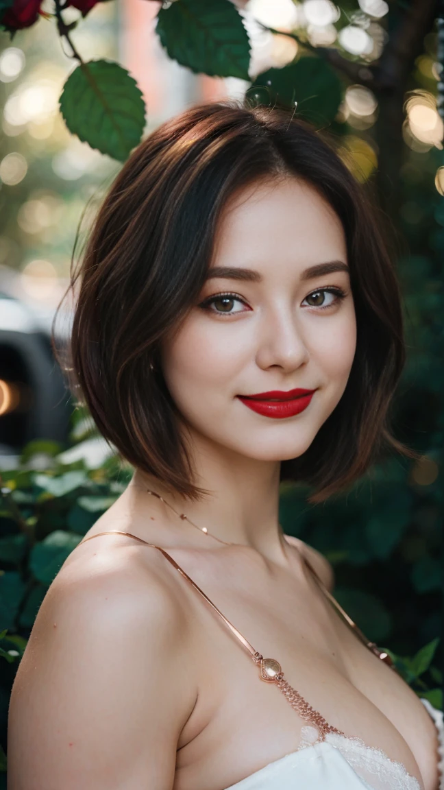 Gorgeus Girl, Beautiful, Baby Face, 20 Years Old, White Skin, red lipstick, sensual Lipstick, Colossal Breasts, Movie Lighting, Futuristic, ((Cleavage)), Green-Gold Classy Lace G-string, Rose Eye, Muscles, Bokeh, Masterpiece, Medium Bob, Rose-Gold Hair, Lying Among the Rubble of Leaves, Smile