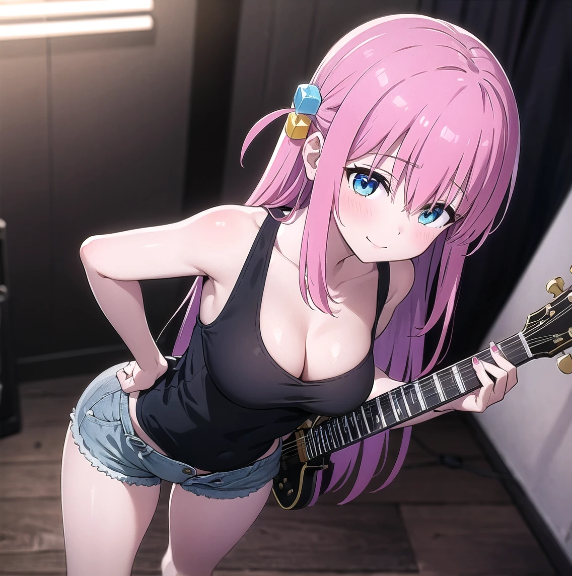 ((1 girl)), ((alone)), hitori gotou, ((extremely detailed CG unity 4k wallpaper)), (masterpiece), (ultra quality), (ultra detailed), (best illustration), ( best shadow), (extremely detailed), looking at viewer, (absurdities), (detailed background), curvy body, dynamic pose, cowboy photo, large breasts, medium waist, wide hips, medium thighs, round butt, jacket, blue eyes, pink hair, long hair, bangs, hair between the eyes, black tank top, bare shoulders, tight shirt, hold up, cleavage, closed mouth, collarbone, jean shorts, short shorts, bare legs, nail polish nails, one side up, instrument, music, guitar, playing instrument, holding instrument, electric guitar, hair ornament, cube hair ornament, smile, seductive, standing, cowboy photo, light background, (( solo)), ((Standing: 1.4, indoor, bar, stage, microphone, stage lights)) arms behind back)), looking forward, ((focus on breasts)), POV: (from above), perfect anatomy, perfect hands