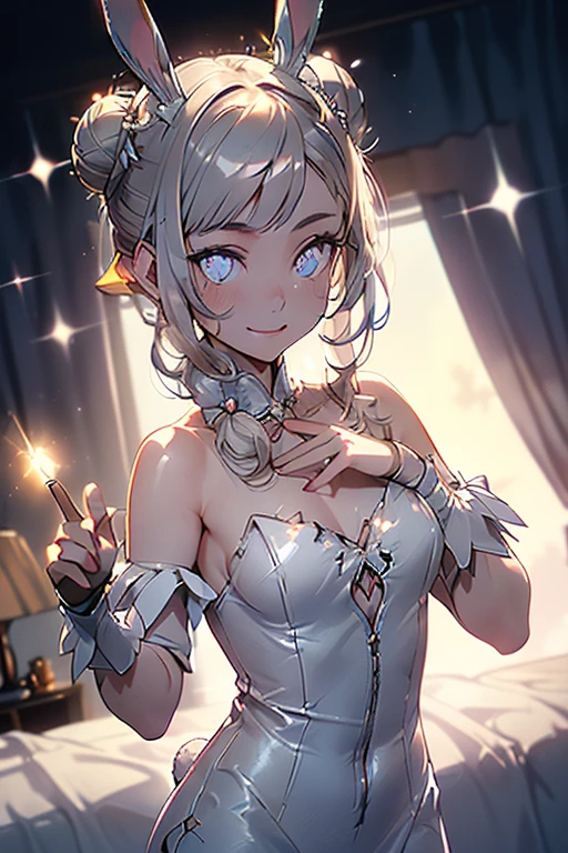 (dynamic angle:1.3, front view:1.1, breast focus:1.3, from above:1.1), (((Masterpiece))),(((Super Detail))),(((in 8K))),(((best composition))),(((Rim lighting,Fireglow effect,deep shadow))),solo),Beautiful fingers,Detailed finger features,(Detailed hair features:1.7),(Dynamic and sexy bending pose:1.3),detailed facial features,detailed clothes features, (perky chest:1.1), (pointed chest:1.3), delicate beautiful face, Bright blue eyes, cute eyes, sparkling eyes, Big eyes, beautiful detailed eyes,double bun with glittering hair ornament:0.6,(super detailed glossy skin:1.3),slender body,goddess smile,((with sparkling eyes and a contagious smile)),beautiful illustration, best quality, cute girl, children bedroom, pastel color, fluffy bunny ears, , silver long hair, rabbit stuffed toy, bright lighting, light pink eyes
