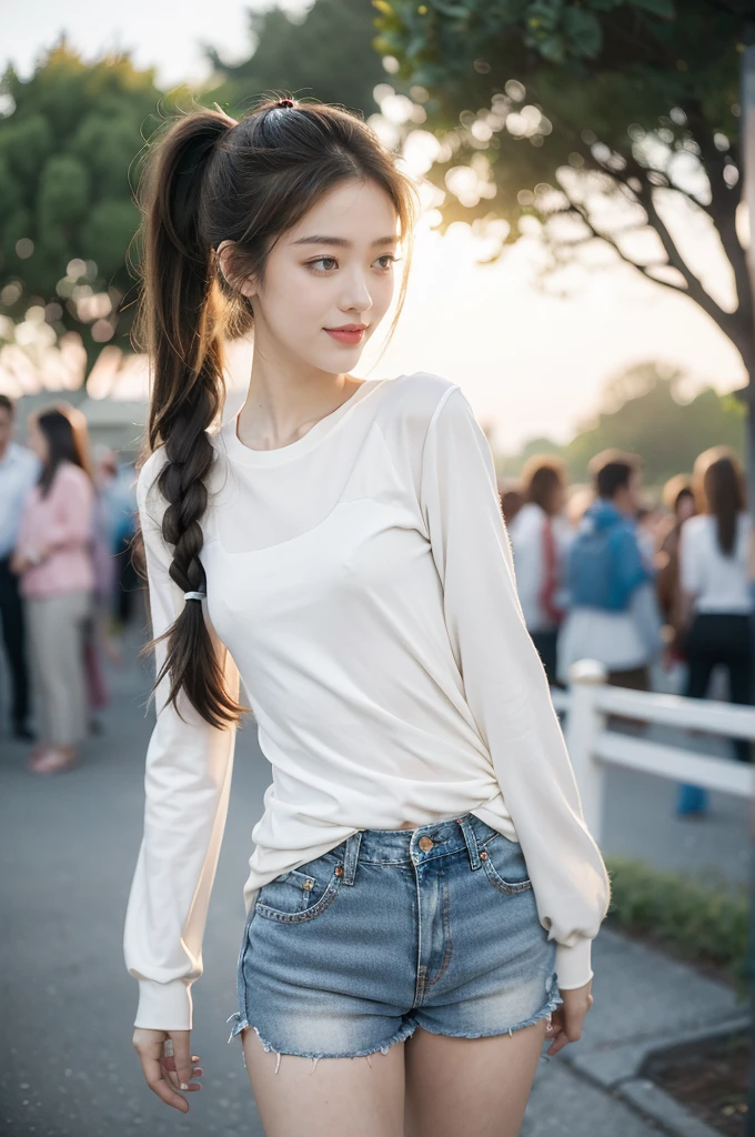 (((best quality))),(((ultra detailed))),(((masterpiece))),illustration,((1 beautiful girl,solo)),((slim,thin)),((small breasts,flat chest)), outside school gate, summer twilight, sunlight,(short ponytail:1.3),((white long-sleeved shirt)),(clavicalis:1.3),((denim shorts,slender legs)),animated face, excited eyes, sounds of laughter, chatter, excitement of summer vacation, air filled with energy, school gate golden glow, symbol of end of academic year, schoolyard transformed, reunion, farewells, embracing setting sun, face illuminated, moment captured, fleeting instant, essence of summer, carefree spirit, youthful exuberance, embodiment of season, sun dips, rosy glow, joy of living,promise of adventures,((standing,from front,upper body)),(surrounded by crowded crowds:1.3)