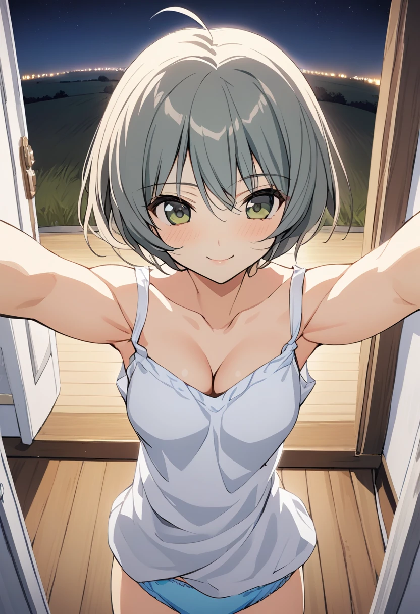 One girl,Kaoru、smile、Gentle expression、Welcome、The whole body is shown、Raising both arms and stretching、night、countryside、room、White camisole,Cleavage、Light blue panties、from above,A complete depiction of the human body、masterpiece, Highest quality, Game CG, 