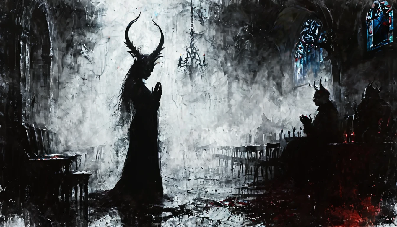 a painting of a holy succubus with horns, in prayer with upraised hands, gloves, vampire the masquerade bloodlines, incredible art, gloomy background, nimbus, church ragged vestments, darksketch, minimalism