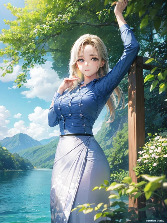 wearing acmm top, olive green acmm top, long sleeves, wearing acmm long skirt, olive green acmm long skirt, printed skirt, skin birght and smooth as wax,
masterpiece, best quality, high quality, extremely detailed CG unity 8k wallpaper, scenery, outdoors, sky, cloud, day, humans, mountain, landscape, water, tree, blue sky, waterfall, cliff, nature, lake, river, cloudy sky,award winning photography, Bokeh, Depth of Field, HDR, bloom, Chromatic Aberration ,Photorealistic,extremely detailed, trending on artstation, trending on CGsociety, Intricate, High Detail, dramatic, art by midjourney,